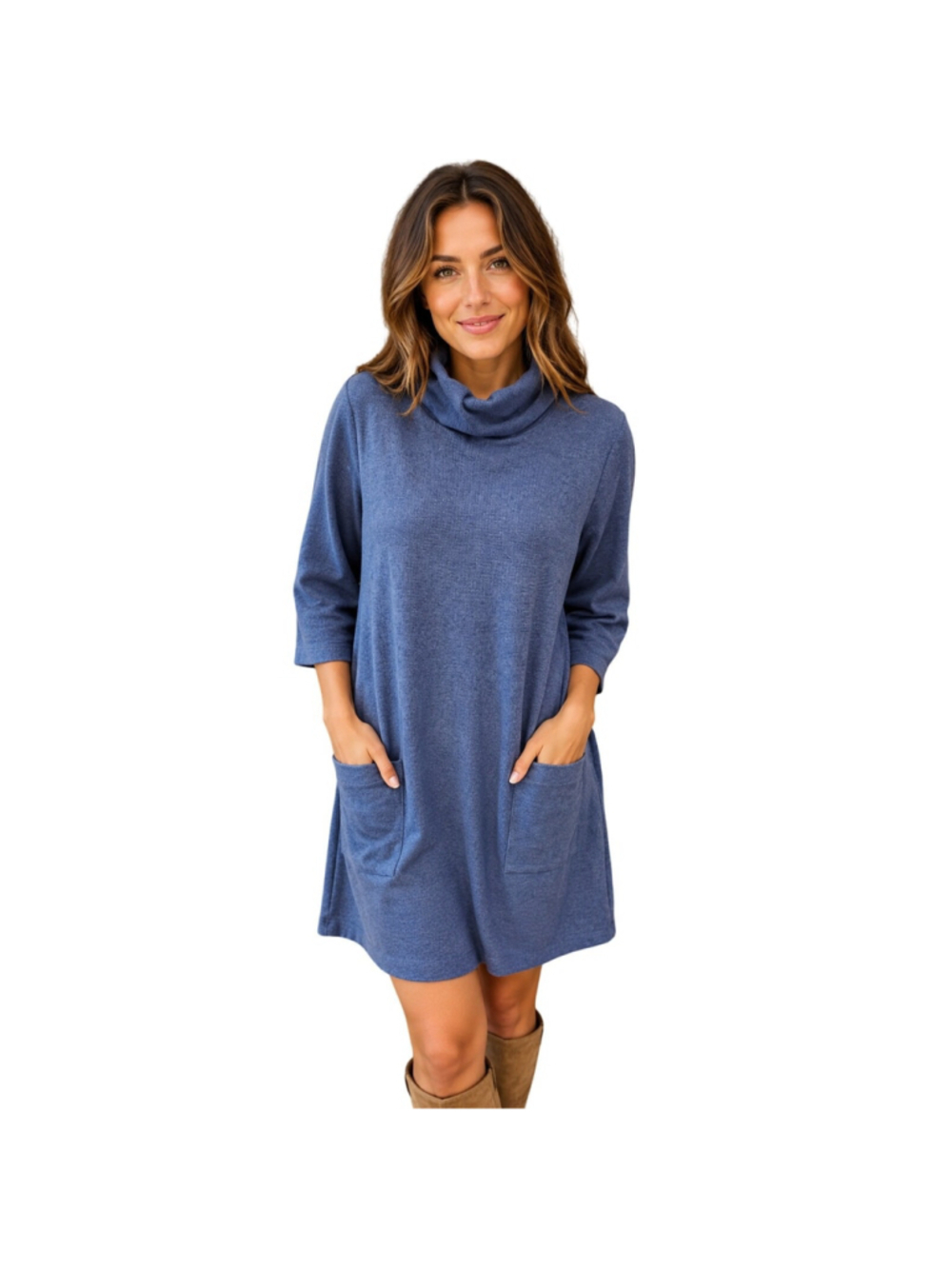 Vintage Blue Cowl Neck Sweater Dress with Pockets M Cozy Casual Knit Tunic Dress